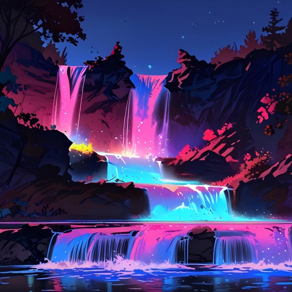 Vibrant waterfall in electric hues HD metal art print 8 x 12 inches